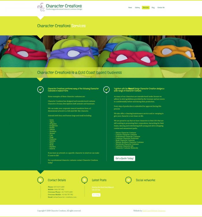 Character Creations Website Services page Character Creations Website Services page